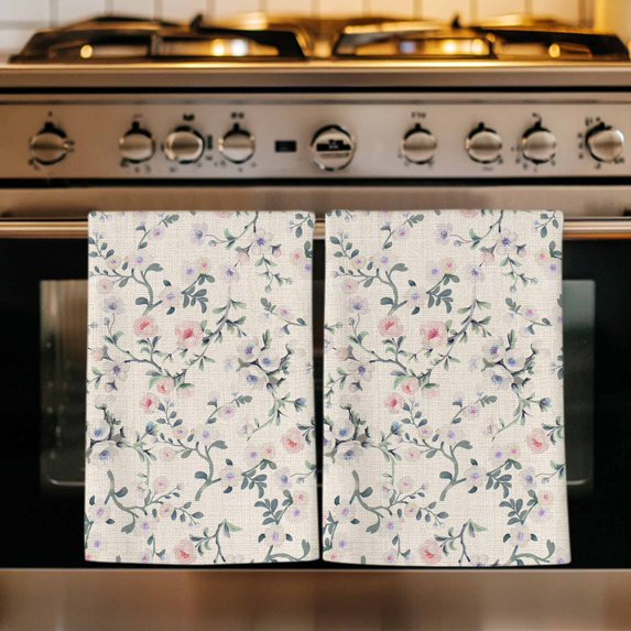 Spring Flowers Kitchen Towels Set of 3, Blue Pink Floral Leaves Farmhouse Vintage Plants Absorbent Dish Towels for Kitchen, Microfiber Hand Towel, Quick Drying Tea Towel for Cleaning Dishcloths