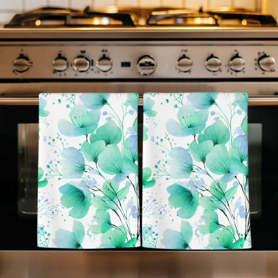 Spring Flowers Kitchen Towels Set of 3, Green Blossom Watercolor Botanical Florals Absorbent Dish Towels for Kitchen, Microfiber Hand Towel, Quick Drying Tea Towel for Cleaning Decorative Dishcloths