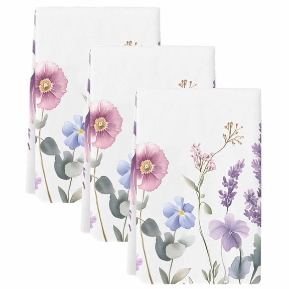 Spring Flowers Kitchen Towels Set of 3, Idyllic Lavender Botanical Blossom Motif Soft Microfiber Dish Towels, Absorbent Quick-Dry Washable Dishcloths for Kitchen Cleaning, Drying Dishes, 18x28 Inches