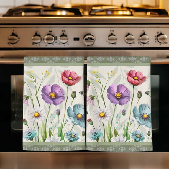 Spring Flowers Kitchen Towels Set of 3, Retro Boho Botanical Florals Butterfly Absorbent Dish Towels for Kitchen, Microfiber Hand Towel, Quick Drying Tea Towel for Cleaning Decorative Dishcloths