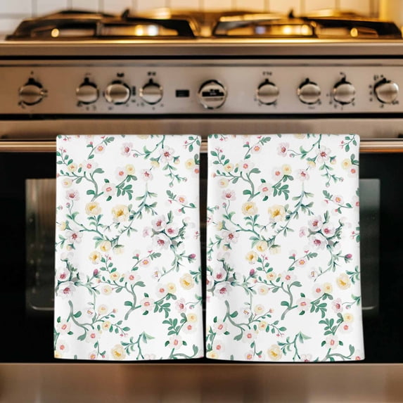 Spring Flowers Kitchen Towels Set of 4, Yellow Pink Floral Leaves Country Farm Plants Absorbent Dish Towels for Kitchen, Microfiber Hand Towel, Quick Drying Tea Towel for Cleaning Dishcloths