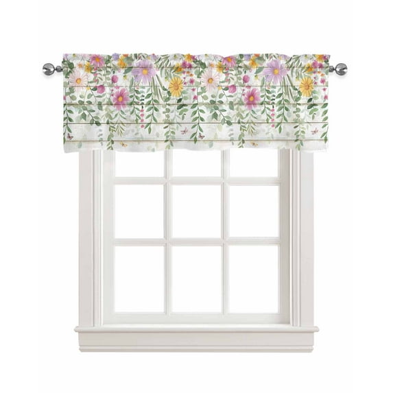 Spring Flowers Kitchen Valances for Windows Farmhouse Linen Window Valance Curtain for Living Room Window Treatment Watercolor Floral Leaves Wooden Grain Valance Rod Pocket Topper Drape, 42 x 12 Inch