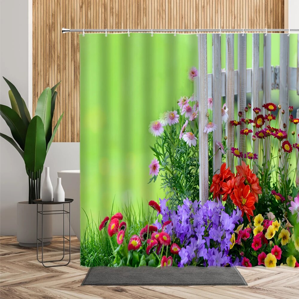 Spring Flowers Landscape Shower Curtain Daisy Floral Plant Bathroom