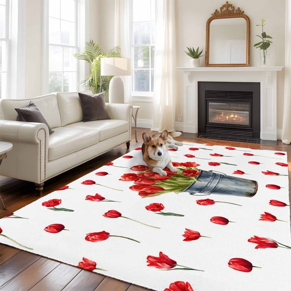 Spring Flowers Large Area Rugs 5x8 ft Red Tulip Floral Drum Farm Plants Country Washable Rug Non Slip Indoor Carpet Absorbent Floor Mat for Living Room Bedroom Dining Room