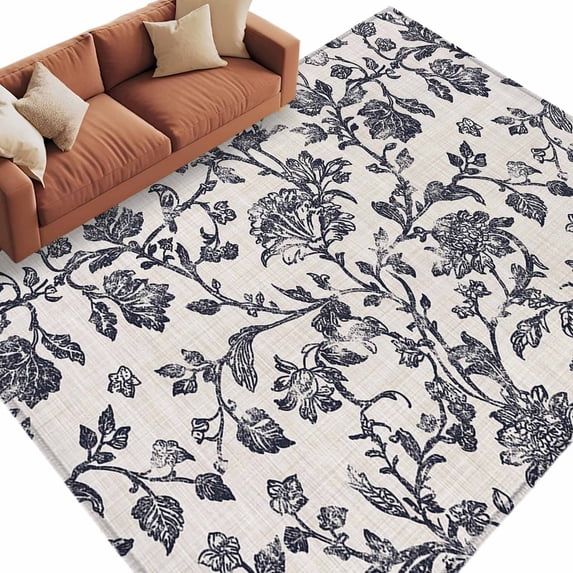 Spring Flowers Large Area Rugs for Bedroom Living Room, Soft Non Slip Carpet Bedside Rug, Farmhouse Dark Blue Pastoral Floral Leaf Rectangular Floor Cover Kitchen Accent Rug 5'x8' for Office