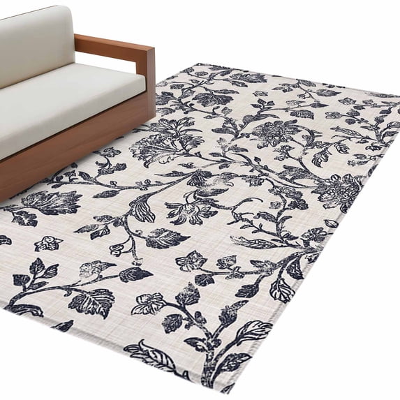 Spring Flowers Large Area Rugs for Bedroom Living Room, Soft Non Slip Carpet Bedside Rug, Farmhouse Dark Blue Pastoral Floral Leaf Rectangular Floor Cover Kitchen Accent Rug 3'x5' for Office