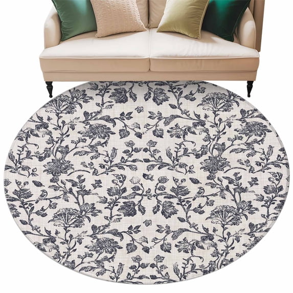 Spring Flowers Large Area Rugs for Bedroom Living Room, Soft Non Slip Carpet Bedside Rug, Farmhouse Dark Blue Pastoral Floral Leaf Round Floor Cover Kitchen Accent Rug 6' for Dining Room/Office