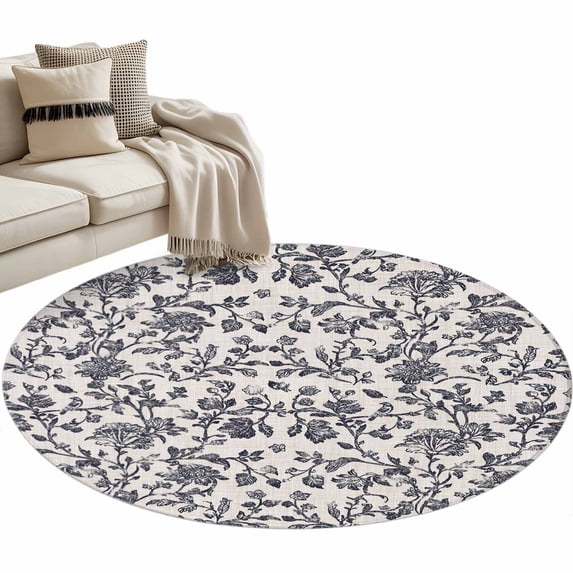 Spring Flowers Large Area Rugs for Bedroom Living Room, Soft Non Slip Carpet Bedside Rug, Farmhouse Dark Blue Pastoral Floral Leaf Round Floor Cover Kitchen Accent Rug 4' for Dining Room/Office