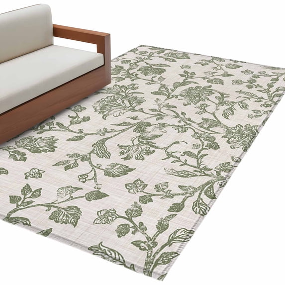 Spring Flowers Large Area Rugs for Bedroom Living Room, Soft Non Slip Carpet Bedside Rug, Farmhouse Sage Green Pastoral Floral Leaf Rectangular Floor Cover Kitchen Accent Rug 4'x6' for Office