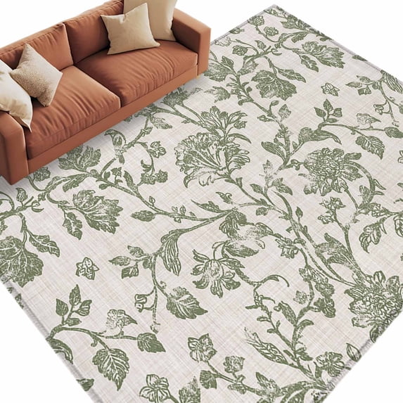 Spring Flowers Large Area Rugs for Bedroom Living Room, Soft Non Slip Carpet Bedside Rug, Farmhouse Sage Green Pastoral Floral Leaf Rectangular Floor Cover Kitchen Accent Rug 8'x10' for Office