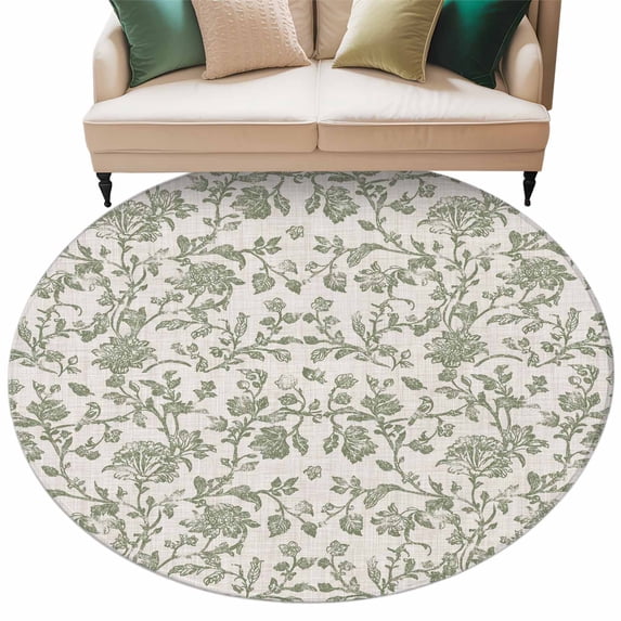 Spring Flowers Large Area Rugs for Bedroom Living Room, Soft Non Slip Carpet Bedside Rug, Farmhouse Sage Green Pastoral Floral Leaf Round Floor Cover Kitchen Accent Rug 8' for Dining Room/Office