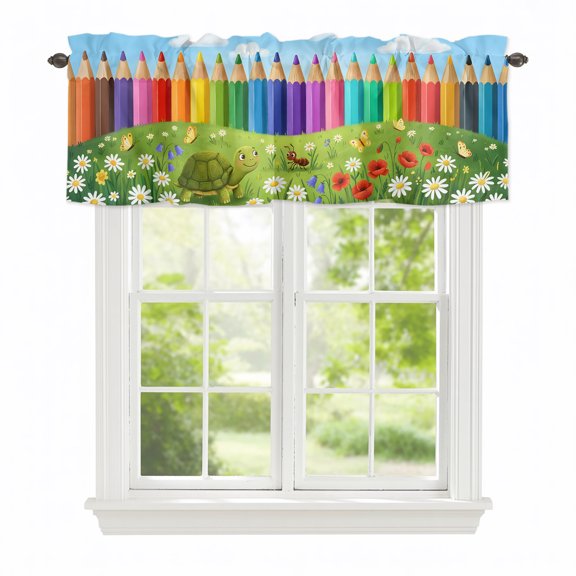 Spring Flowers Lawn Window Valance Curtain Cartoon Colorful Pencils Blue Sky Rod Pocket Valance for Windows Short Curtain for Living Room, Bedroom & Kitchen Window Decor 42x12in