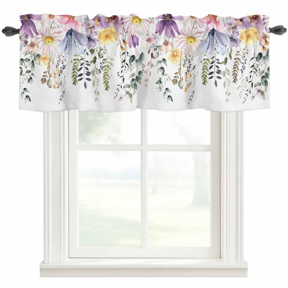 Spring Flowers Leaf Window Valance Curtain Purple Pink Wildflowers Rod Pocket Short Curtain for Living Room, Bedroom & Kitchen Window Decor 42x12in