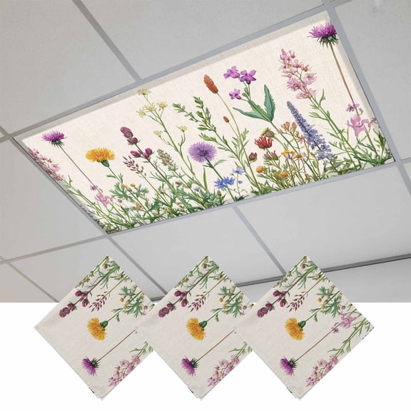 Spring Flowers Magnetic Fluorescent Light Covers for Ceiling Lights 2 x 4 Feet, Wild Floral Herb Botanical Office Classroom Kitchen Drop Ceiling Light Covers Lighting Filters Shade Panel 3 Packs