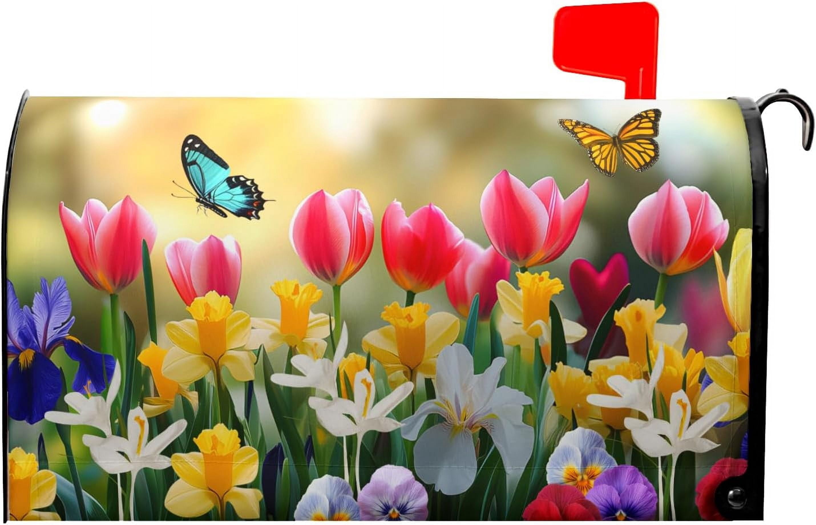 Spring Flowers Mailbox Covers Magnetic Large Size 25.5''''x21'''' Floral Butterfly Letter Box Wrap Spring Summer Seasonal Waterproof Post Letter Box Wrap Decor for Home Outdoor Garden Yard