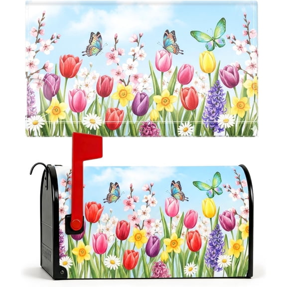 Spring Flowers Mailbox Covers Magnetic Standard for Outside Decor, 18 x 21 Inch Floral Butterfly Waterproof Mailbox Wraps for Postbox Home Garden Yard Supplies