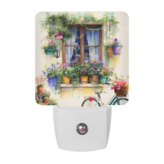 Spring Flowers Night Lights Plug Into Wall, LED Dusk to Dawn Sensor Night Light, Botanical Windows Floral Pots Bicycle Nightlight for Bedroom Bathroom Living Room Hallway Home Wall Decor