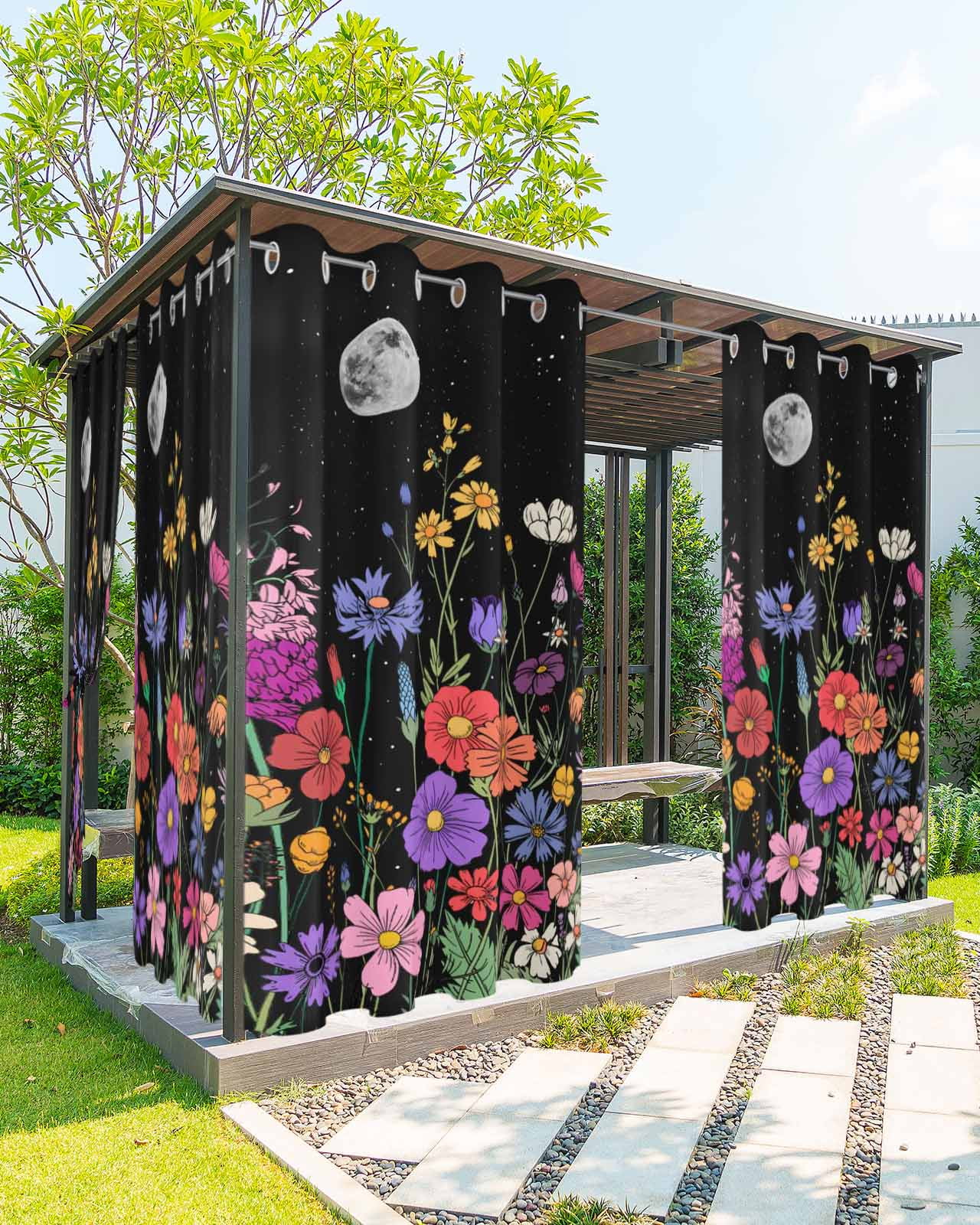 Spring Flowers Outdoor Curtains for Patio, Retro Farm Evening Country Plants Privacy Drapes Grommet Waterproof Outside Curtains for Porch/Cabana/Balcony 54"x 108", 1 Panel