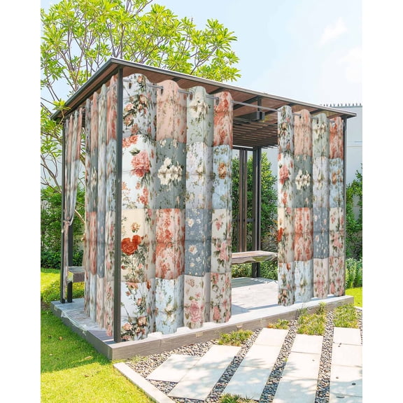 Spring Flowers Outdoor Curtains for Patio, Retro Rose Pattern Collage Waterproof Weatherproof Outside Privacy Curtains Outdoor Drapes for Porch Pergola Gazebo 54x95 Inch, 2 Panel