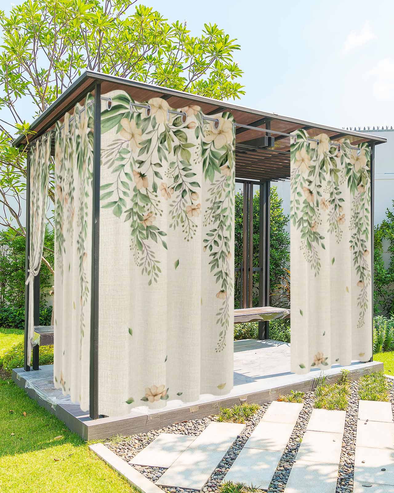 Spring Flowers Outdoor Curtains for Patio, Watercolor Beige Floral Falling Green Leaf Plant Linen Texture Waterproof Weatherproof Outside Privacy Curtains Outdoor Drapes for Porch 54x95 Inch, 2 Panel