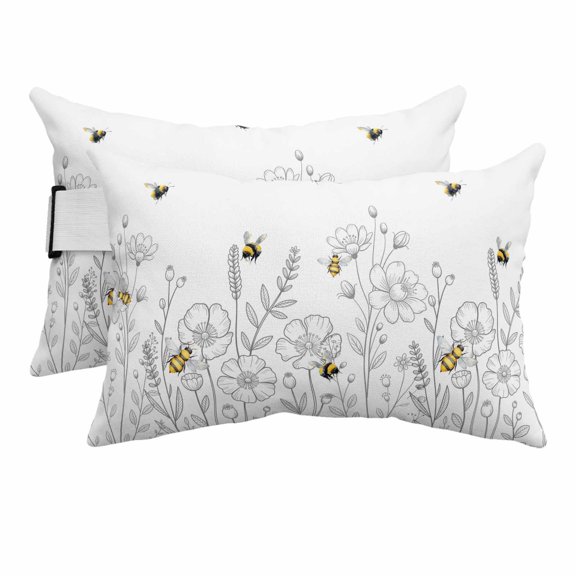 Spring Flowers Outdoor Pillows for Chaise Lounge Chair Beach Headrest Pillow Set of 2 Waterproof Lumbar Pillows with Insert&Adjustable Strap Simple Botanical Floral Herbs Bees Pool Pillow 12"x20"