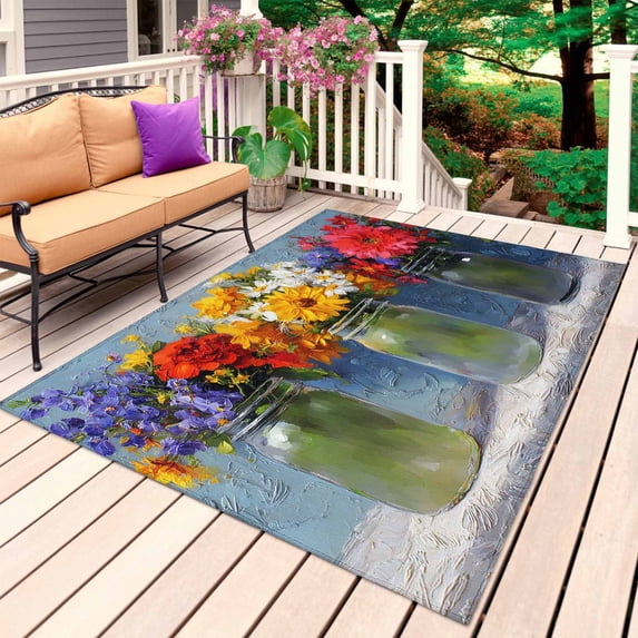 Spring Flowers Outdoor Rug 3x5 Ft, Non Slip Washable Area Rug, Rustic Botanical Vases Floral Oil Painting Patio Rugs Carpet Runner, Large Floor Mat for Indoor/Outdoor Deck Porch Camping