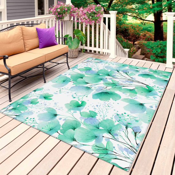 Spring Flowers Outdoor Rug 4x6 Ft, Non Slip Washable Area Rug, Green Blossom Watercolor Botanical Florals Patio Rugs Carpet Runner, Large Floor Mat for Indoor/Outdoor Deck Porch Camping