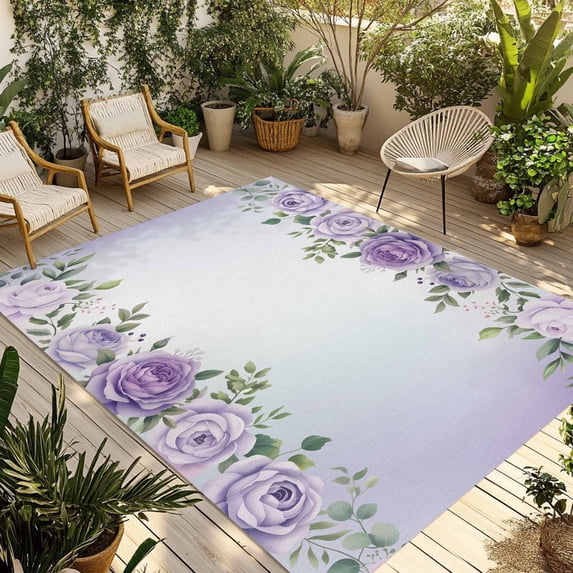 Spring Flowers Outdoor Rug for Patio/Deck/Porch, Non-Slip Large Area Rug 5 x 7 Ft, Botanical Purple Floral Leaaves Gradient Indoor Outdoor Rugs Washable Area Rugs, Camping Rug Carpet Runner