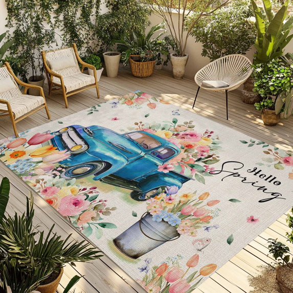 Spring Flowers Outdoor Rug for Patio/Deck/Porch, Non-Slip Large Area Rug 5 x 7 Ft, Country Truck Pink Floral Retro Botanical Indoor Outdoor Rugs Washable Area Rugs, Camping Rug Carpet Runner