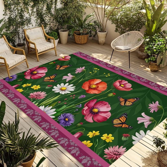 Spring Flowers Outdoor Rug for Patio/Deck/Porch, Non-Slip Large Area Rug 5 x 7 Ft, Purple Boho Farmhouse Botanical Florals Indoor Outdoor Rugs Washable Area Rugs, Reversible Camping Rug Carpet Runner