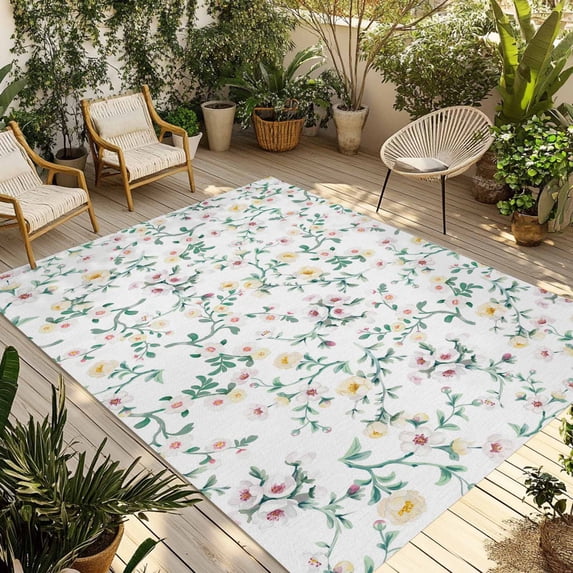 Spring Flowers Outdoor Rug for Patio/Deck/Porch, Non-Slip Large Area Rug 5 x 7 Ft, Yellow Pink Floral Leaves Country Farm Plants Indoor Outdoor Rugs Washable Area Rugs, Camping Rug Carpet Runner