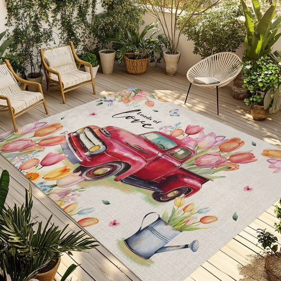 Spring Flowers Outdoor Rug for Patio/Deck/Porch, Non-Slip Large Area Rug 5 x 8 Ft, Country Red Truck Pink Floral Botanical Retro Indoor Outdoor Rugs Washable Area Rugs, Camping Rug Carpet Runner