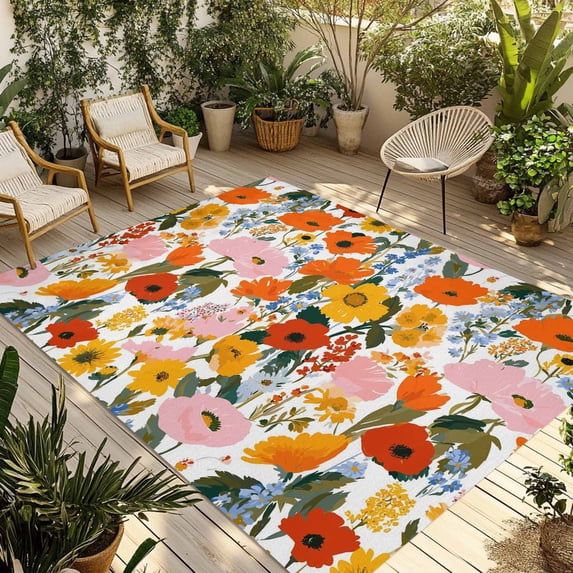 Spring Flowers Outdoor Rug for Patio/Deck/Porch, Non-Slip Large Area Rug 5 x 8 Ft, Watercolor Floral Daisy Poppy Plants Rustic Indoor Outdoor Rugs Washable Area Rugs, Camping Rug Carpet Runner