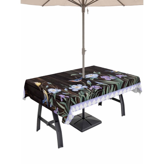 Spring Flowers Outdoor Tablecloth - 52x70 Inch Rectangle Dining Table Cover, Blue Floral Leaves Birds Country Farm Wood Grain Waterproof Outdoor Table Cloth with Umbrella Hole & Zipper for Patio