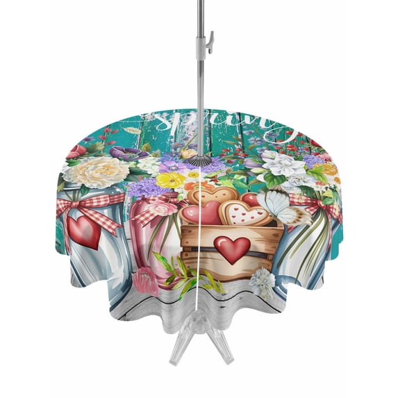 Spring Flowers Outdoor Tablecloth - 54 Inch Round Dining Table Cover, Farmhouse Watercolor Teal Wood Grain Waterproof Outdoor Table Cloth with Umbrella Hole & Zipper for Picnic/Patio/Party