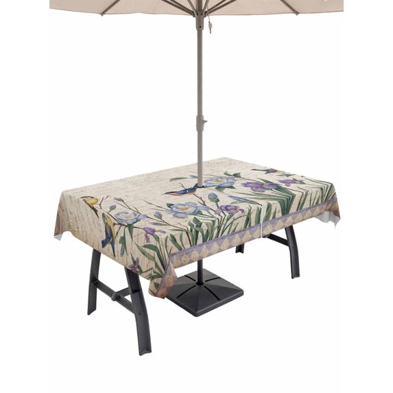Spring Flowers Outdoor Tablecloth - 60x120 Inch Rectangle Dining Table Cover, Vintage Floral Leaves Birds Pastoral Botanical Waterproof Outdoor Table Cloth with Umbrella Hole & Zipper for Patio