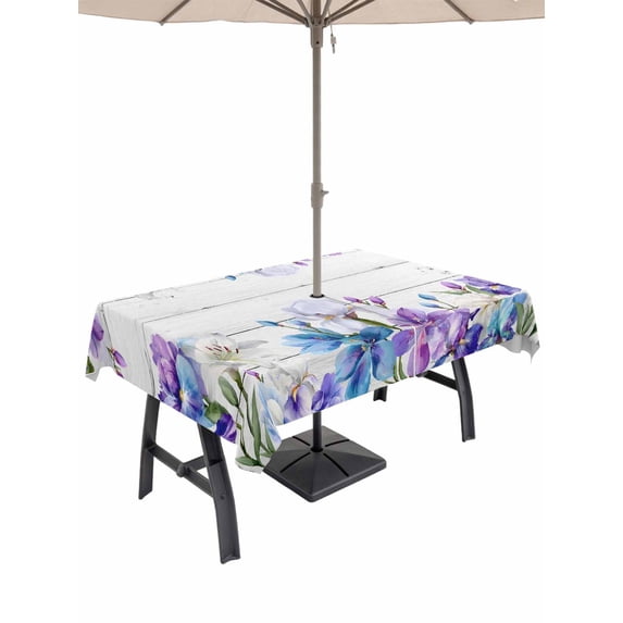 Spring Flowers Outdoor Tablecloth - 60x84 Inch Rectangle Dining Table Cover, Watercolor Garden Florals Wooden Grain Waterproof Outdoor Table Cloth with Umbrella Hole & Zipper for Picnic/Patio/Party