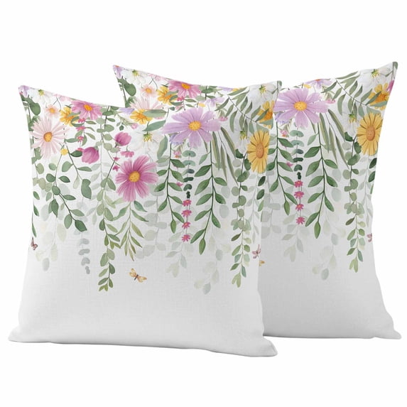 Spring Flowers Outdoor Waterproof Pillow Covers, Colorful Botanical Floral Leaves Vines Decorative Square Throw Pillowcase Sofa Cushion Sham for Patio/Couch/Chair, 16"x16" 2 Pack