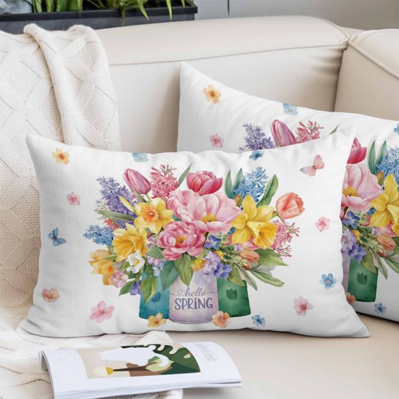 Spring Flowers Pillow Covers 12"x20", Watercolor Floral Leaves Butterflies Plant Soft Brushed Microfiber Breathable Throw Pillow Covers, Pillowcase with Zipper for Couch Sofa Bedroom Living Room