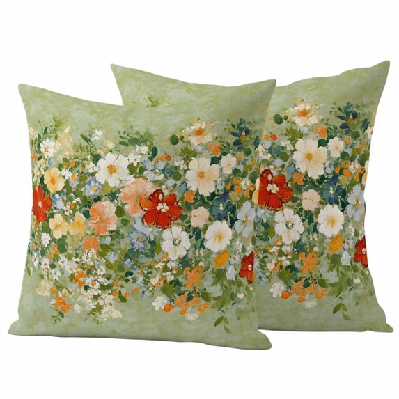Spring Flowers Pillow Covers 2 Pack Vintage Oil Painting White Red Yellow Blue Floral Leaf Green Pillowcase Waterproof Outdoor Throw Pillow Cover for Patio Garden Square Cushion 16”x16”