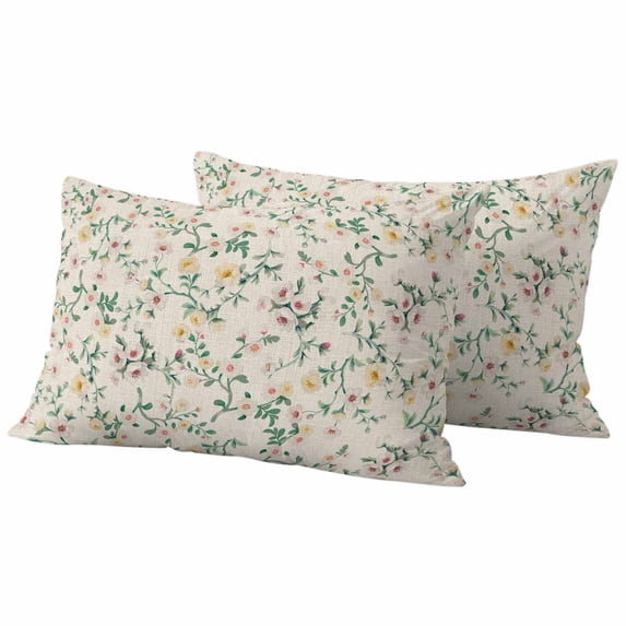 Spring Flowers Pillow Covers 2 Pack Vintage Yellow Pink Floral Green Leaf Country Pillowcase Waterproof Outdoor Throw Pillow Cover for Patio Balcony Rectangular Cushion 20”x12”