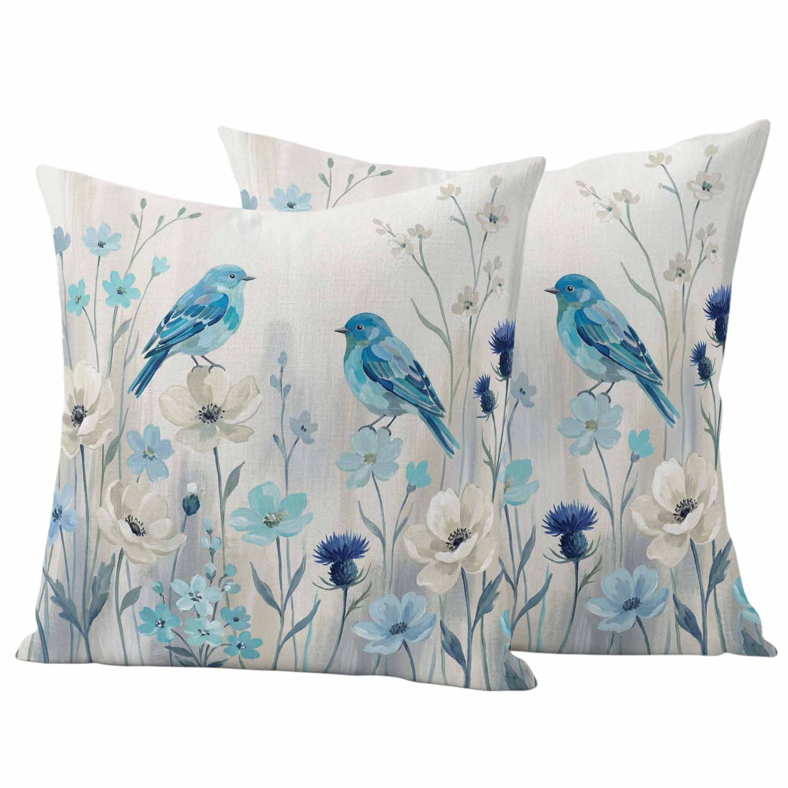 Spring Flowers Pillow Covers 2 Pack Watercolor Blue Bird Floral White Country Style Pillowcase Waterproof Outdoor Throw Pillow Cover for Patio Garden Square Cushion 18”x18”
