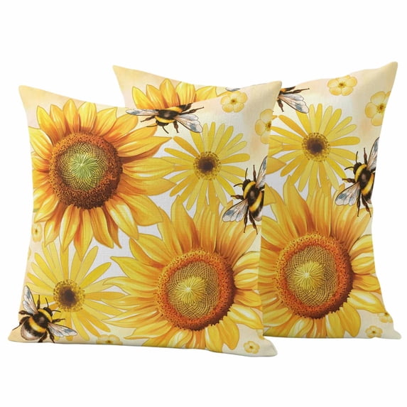 Spring Flowers Pillow Covers 2 Pack Watercolor Country Yellow Daisy Sunflower Floral Bee Yellow Pillowcase Waterproof Outdoor Throw Pillow Cover for Patio Garden Square Cushion 16”x16”