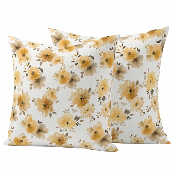 Spring Flowers Pillow Covers 2 Pack Watercolor Country Yellow Floral Leaf Plant Pillowcase Waterproof Outdoor Throw Pillow Cover for Patio Garden Square Cushion 24”x24”