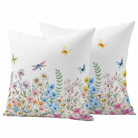 Spring Flowers Pillow Covers 2 Pack Watercolor Pink Blue White Floral Leaf Butterfly Dragonfly Pillowcase Waterproof Outdoor Throw Pillow Cover for Patio Garden Square Cushion 18”x18”