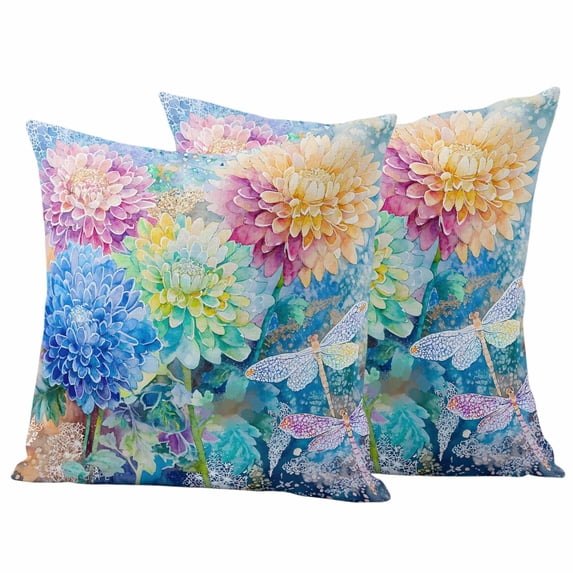 Spring Flowers Pillow Covers 2 Pack Watercolor Pink Yellow Blue Green Floral Blue Purple Dragonfly Pillowcase Waterproof Outdoor Throw Pillow Cover for Patio Garden Square Cushion 18”x18”
