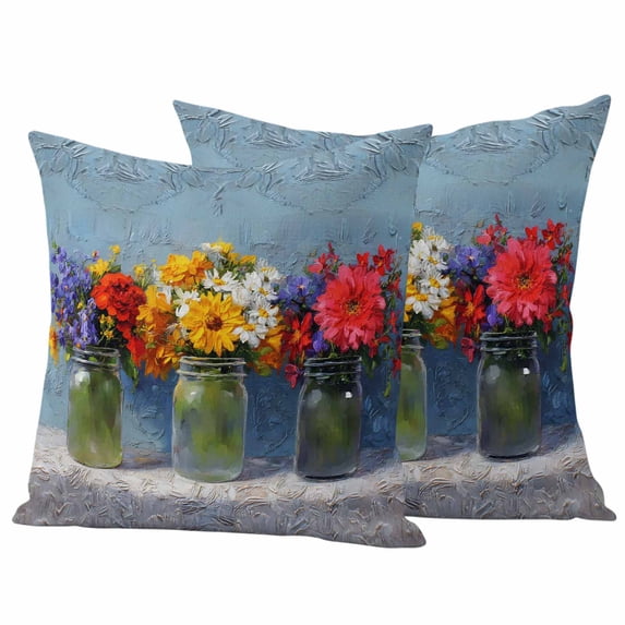 Spring Flowers Pillow Covers 2 Pack Yellow Red Pink Purple Flower Blue Gray Oil Paintings Pillowcase Waterproof Outdoor Throw Pillow Cover for Patio Garden Square Cushion 18”x18”