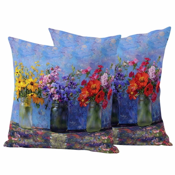 Spring Flowers Pillow Covers 2 Pack Yellow Red Pink Purple Flower Oil Paintings Gradient Pillowcase Waterproof Outdoor Throw Pillow Cover for Patio Garden Square Cushion 20”x20”