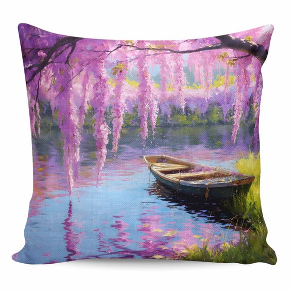Spring Flowers Pillow Covers 20x20 Inch Decorative Throw Pillow Cover, Purple Vine Lake Boat Grass Vintage Oil Painting Sofa Pillowcases Accent Cushion Case Home Decor Bedroom Living Room