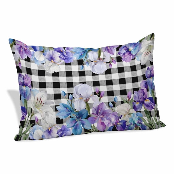 Spring Flowers Pillow Covers, Linen Long Throw Pillow Case, Watercolor Blossom Floral Black Plaid Holiday Pillow Protector Decorative Cushion Cover for Living Room/Bedroom 12" x 20"